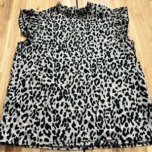 Shein Leopard Print Ruffle Sleeve Blouse Size M Black & Beige High Neck Top